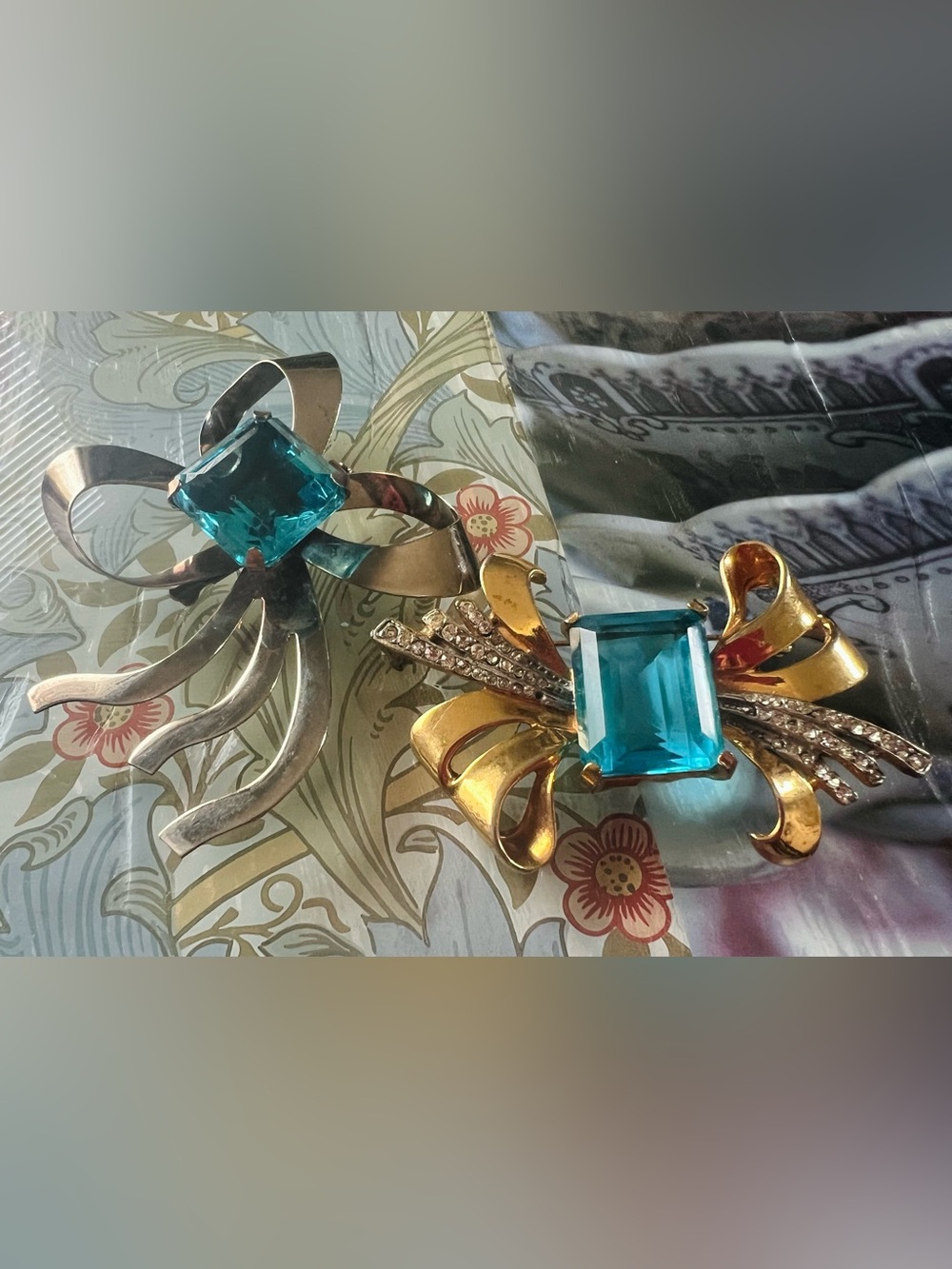 1940s Ribbon Brooches with Blue Crystal Accent